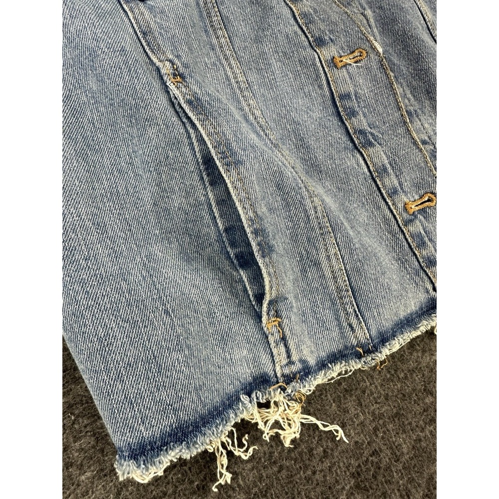ZARA Jean Jacket Womens Medium Denim Cropped Grunge Collarless Raw Hem - Picture 6 of 10